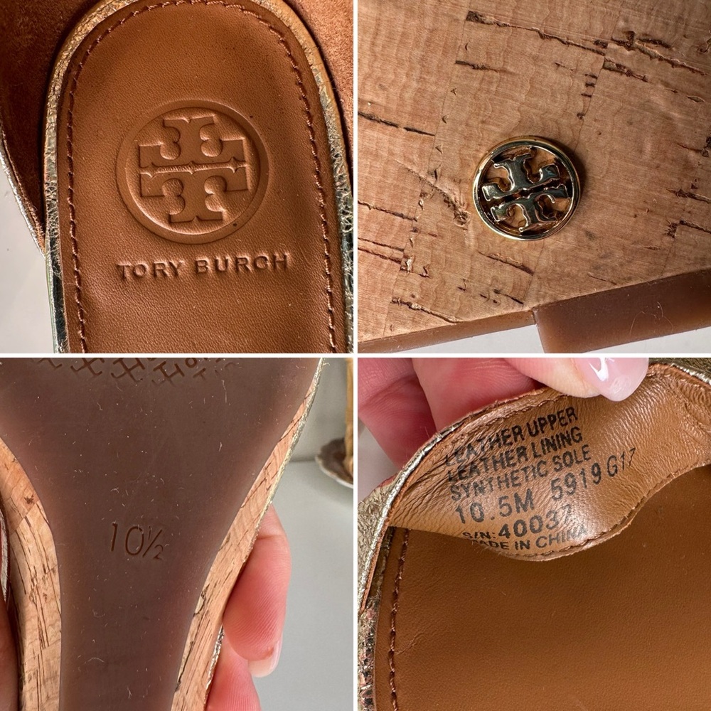 Tory Burch Savannah Gold Metallic Wedge Sandals Leather Cork Kitten Heel 10.5 - Picture 13 of 13